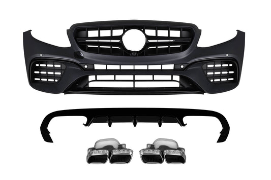 Pachet tuning tip 63 compatibil cu Mercedes E class C238 coupe, A238 convertible (2017-2019) cu capace cromate, pentru modelul cu bara spate AMG