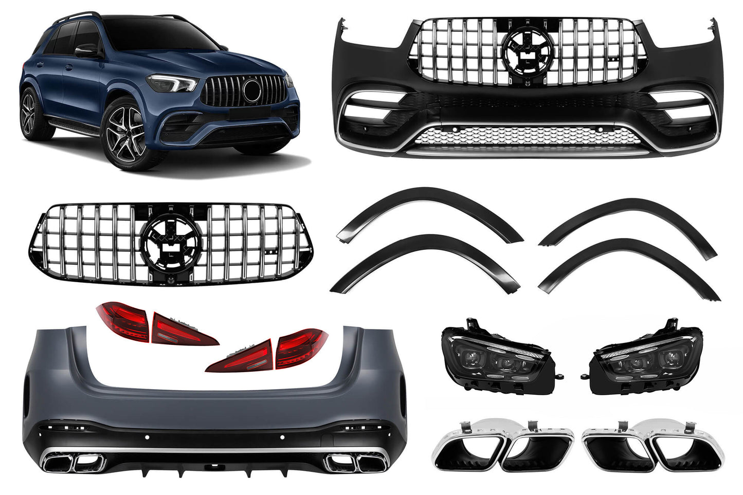 Pachet tuning tip 63 compatibil cu Mercedes GLE SUV W167 (2019-2023), cu elemente cromate, faruri LED și stopuri LED