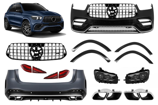Pachet tuning tip 63 compatibil cu Mercedes GLE SUV W167 (2019-2023), cu elemente cromate, faruri LED și stopuri LED