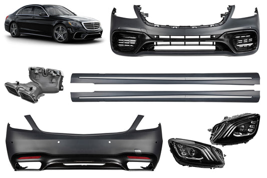 Pachet de tuning tip 63 compatibil cu Mercedes S-Class W222 (2013-2017), cu faruri, praguri compatibile cu ampatamentul lung