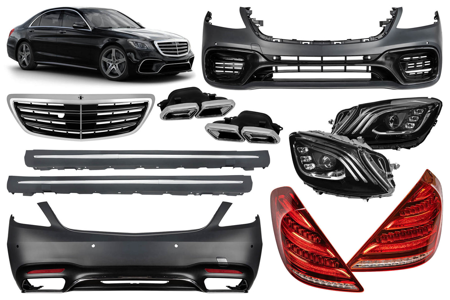 Pachet tuning tip 63 compatibil cu Mercedes S W222 (2013-2017), cu faruri, stopuri, grilă, praguri laterale, compatibil cu ampatament lung