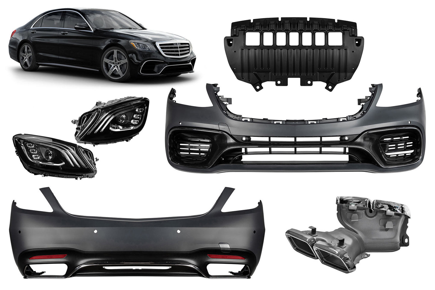 Pachet tuning tip 63 compatibil cu Mercedes S-Class W222 (2017-2020), cu faruri LED, fără praguri laterale