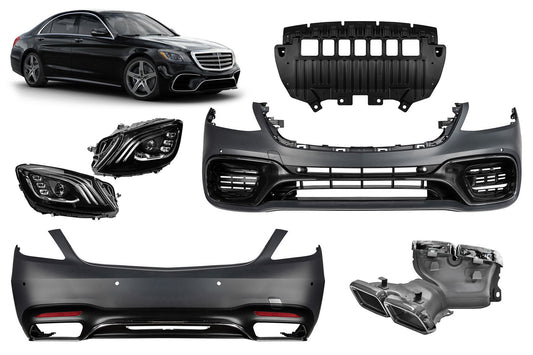 Pachet tuning tip 63 compatibil cu Mercedes S-Class W222 (2017-2020), cu faruri LED, fără praguri laterale