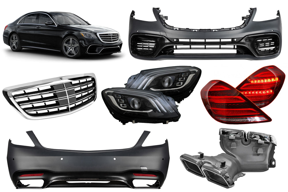 Pachet tuning tip 63 compatibil cu Mercedes S class W222 (2017-2020), cu faruri, stopuri, grilă, fără praguri