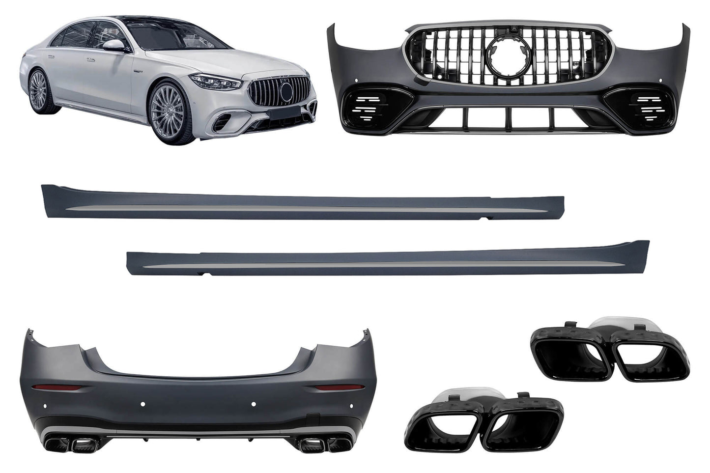 63-style tuning package compatible with long-wheelbase Mercedes S Class W223 (post-2020), with smoked chrome elements