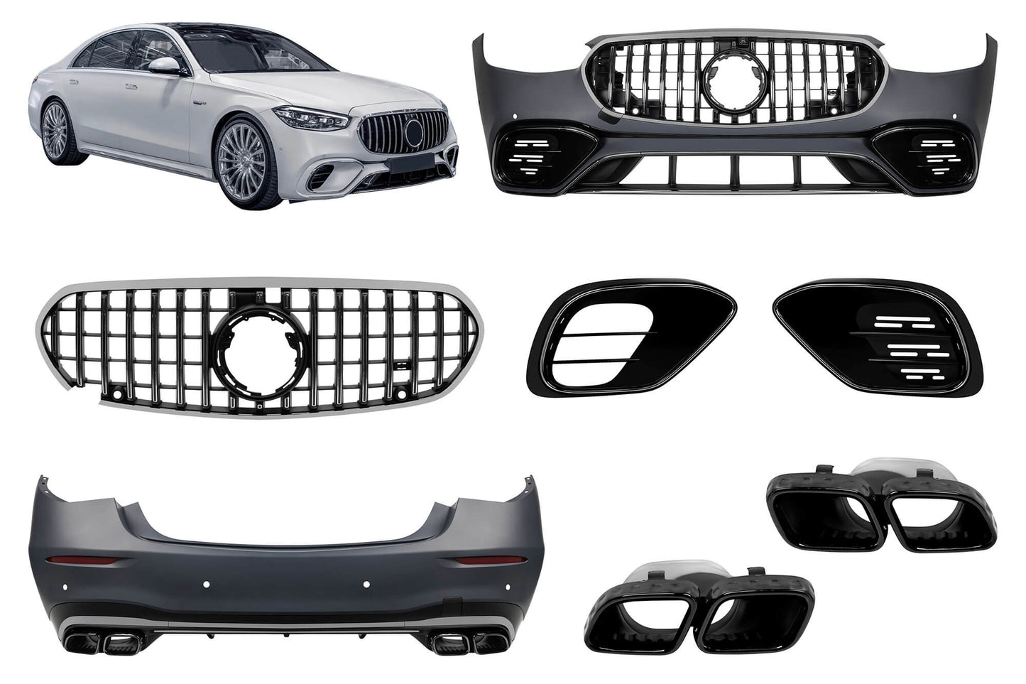Pachet de tuning tip 63 compatibil cu Mercedes S-Class W223 (după 2020), cu elemente finisate în crom fumuriu