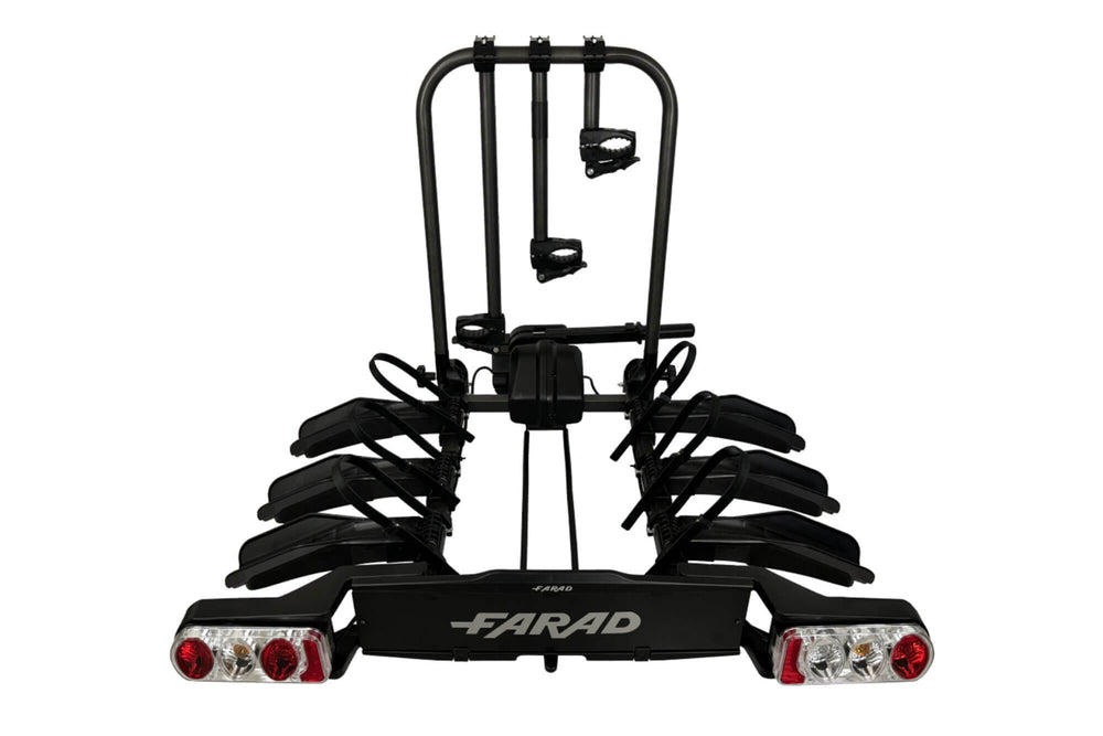 Suport bicicleta Farad pentru bara remorcare, model Susa, pentru 3 biciclete pana la 60 kg, cu spatiu pentru numar de inmatriculare