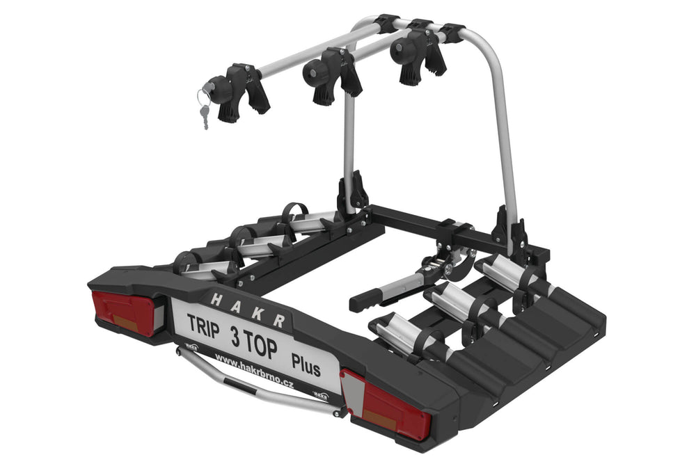 Suport bicicleta pentru masina Hakr model Trip 3 Top Plus, montaj pe bara de remorcare, pentru 3 biciclete