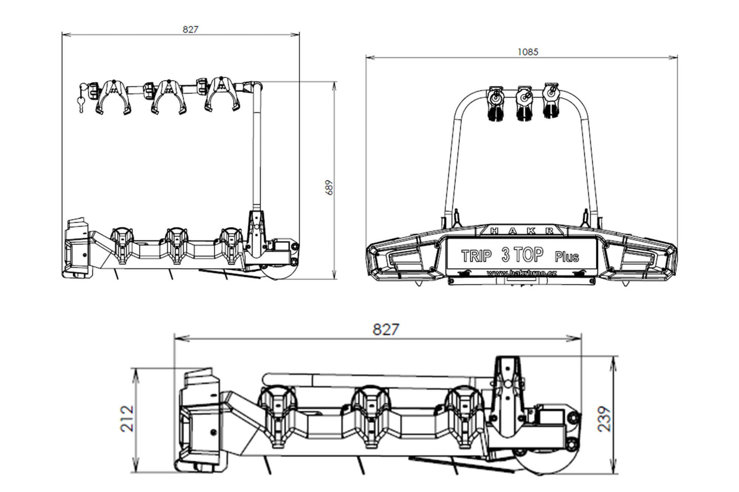 Suport bicicleta pentru masina Hakr model Trip 3 Top Plus, montaj pe bara de remorcare, pentru 3 biciclete