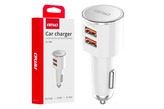 Incarcator auto Amio pentru bricheta cu 2 porturi USB, 12/24V, 17.5W, 3.4A
