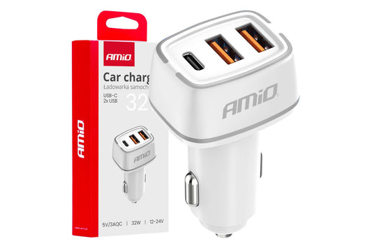 Incarcator auto Amio pentru bricheta cu 2 porturi USB si Type-C, 12/24V, 32W