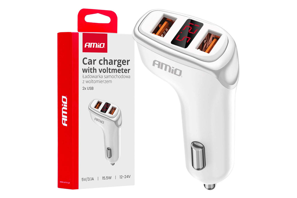 Incarcator auto Amio pentru bricheta cu 2 porturi USB si afisaj, 12/24V, 15.5W, 3.1A