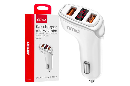 Incarcator auto Amio pentru bricheta cu 2 porturi USB si afisaj, 12/24V, 15.5W, 3.1A