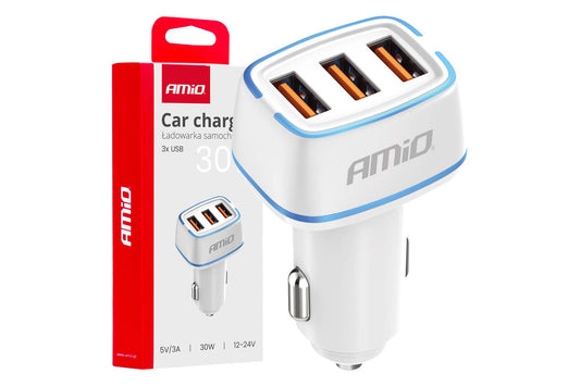 Incarcator auto Amio pentru bricheta cu 3 porturi USB, 12/24V, 30W, 3A