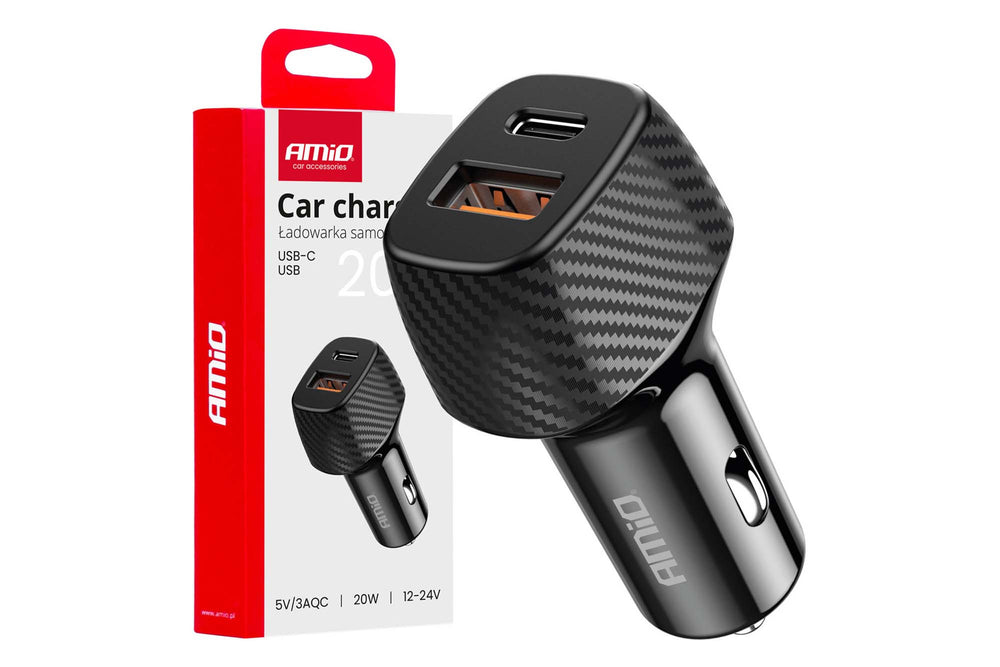 Amio Lighter Charger with USB and USB-C port 12/24V, 20W, black with carbon pattern
