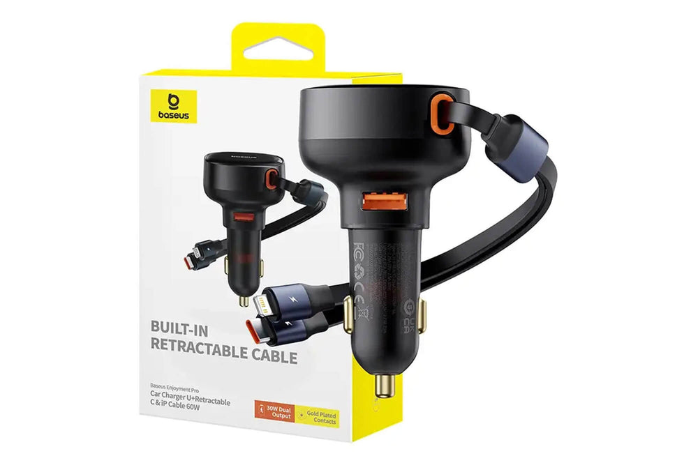 Baseus Enjoyment Pro este un incarcator auto cu un port USB si doua cabluri Type-C si Iphone, compatibil cu tensiuni intre 12-24V si o putere de 60W