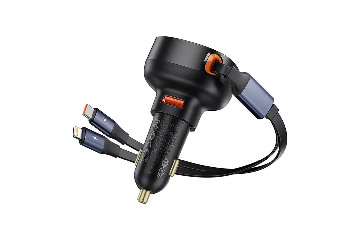 Baseus Enjoyment Pro este un incarcator auto cu un port USB si doua cabluri Type-C si Iphone, compatibil cu tensiuni intre 12-24V si o putere de 60W