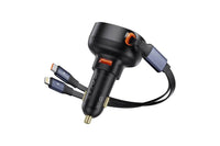 Baseus Enjoyment Pro este un incarcator auto cu un port USB si doua cabluri Type-C si Iphone, compatibil cu tensiuni intre 12-24V si o putere de 60W