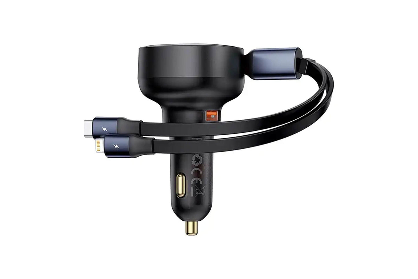 Baseus Enjoyment Pro este un incarcator auto cu un port USB si doua cabluri Type-C si Iphone, compatibil cu tensiuni intre 12-24V si o putere de 60W