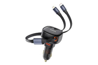 Baseus Enjoyment Pro este un incarcator auto cu un port USB si doua cabluri Type-C si Iphone, compatibil cu tensiuni intre 12-24V si o putere de 60W