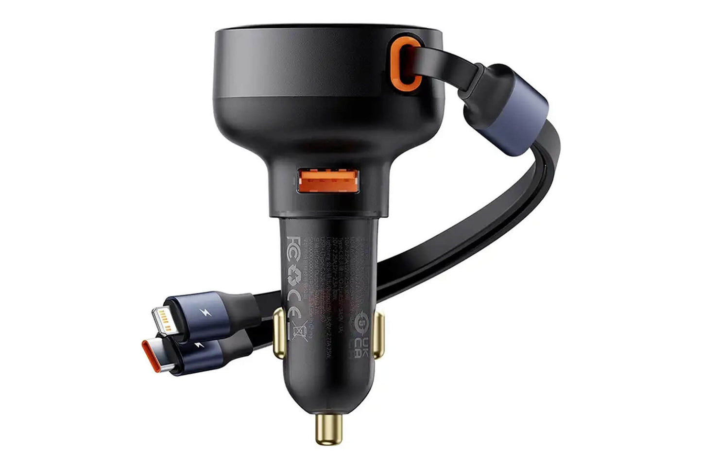 Baseus Enjoyment Pro este un incarcator auto cu un port USB si doua cabluri Type-C si Iphone, compatibil cu tensiuni intre 12-24V si o putere de 60W