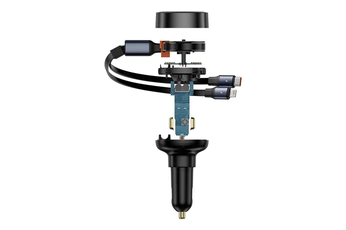 Baseus Enjoyment Pro este un incarcator auto cu un port USB si doua cabluri Type-C si Iphone, compatibil cu tensiuni intre 12-24V si o putere de 60W