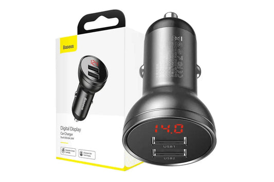Incarcator auto Baseus cu afisaj digital si 2 porturi USB, 12-24V, 24W, 2.4A