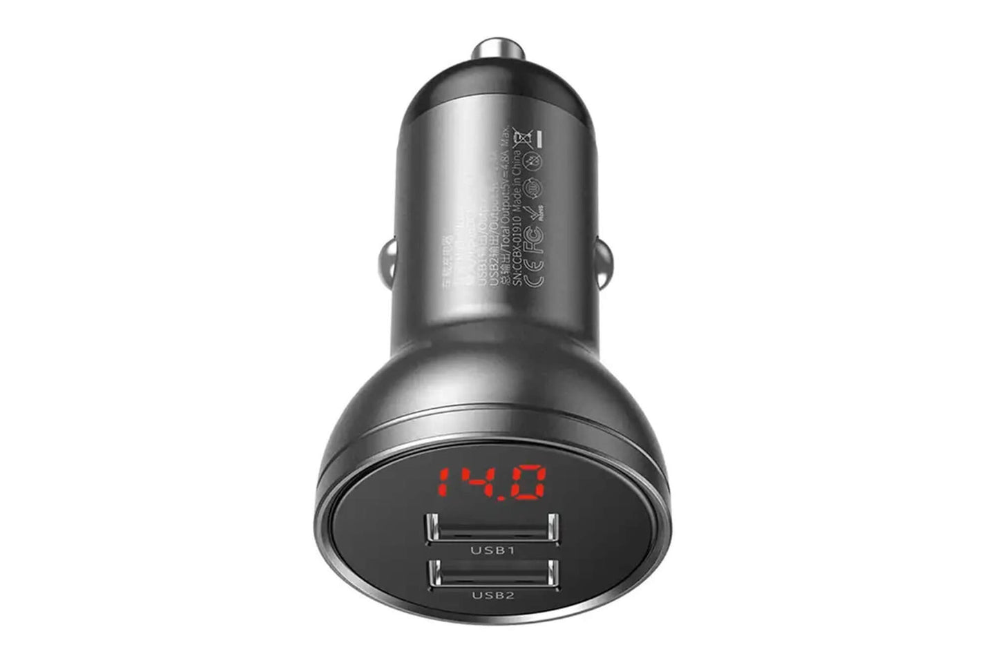 Baseus Car Charger with Digital Display and 2 USB Ports, 12-24V, 24W, 2.4A