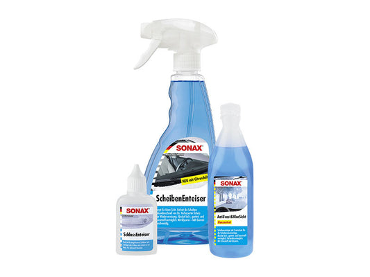 Set iarna Sonax, 3 piese – Spray pentru incuiere / Dezghetant geamuri / Lichid stergatoare