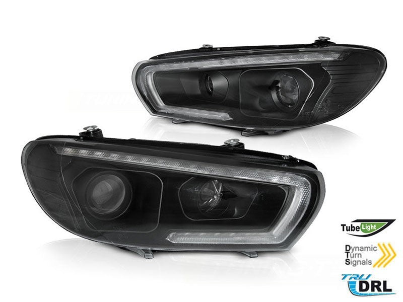 Faruri tuning LED DRL pentru Volkswagen Scirocco, cu baza neagra, compatibile cu modelul echipat din fabrica cu lumini DRL. Set stanga + dreapta