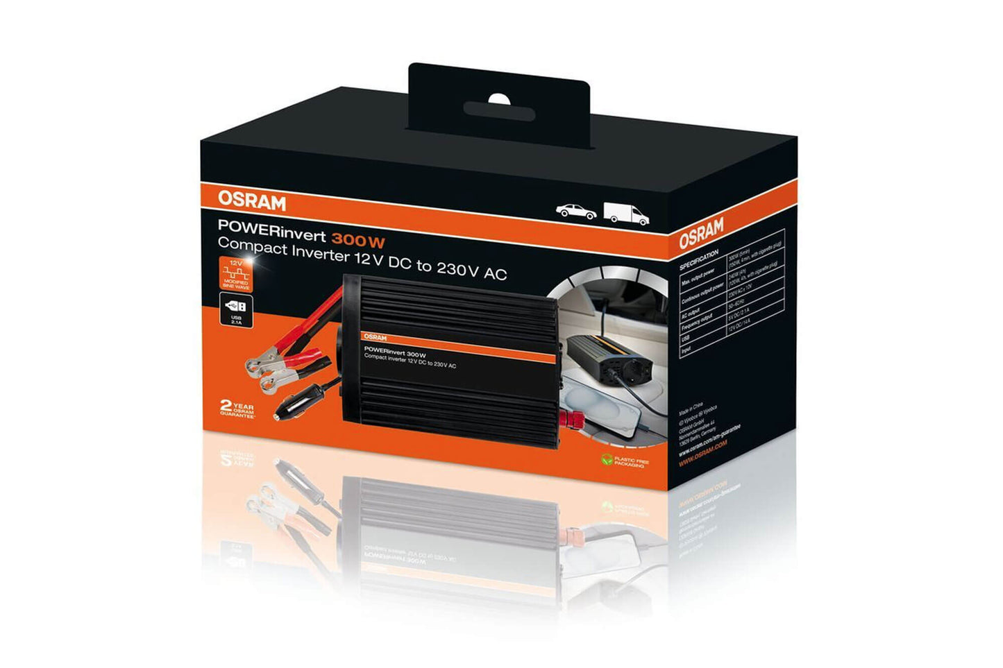 Invertor monofazat Osram POWERinvert 300 12V DC la 230V AC, 300W, 2.1A USB, cu o priza