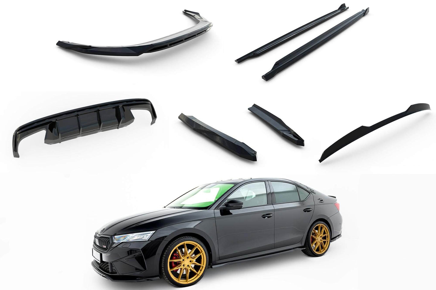 Maxton Design RS Style Spoiler Set for Skoda Octavia RS Liftback (after 2024) Side Skirts, Front Bumper, Rear Bumper and Boot, Gloss Black