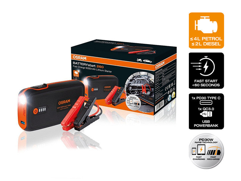 Baterie externa Osram BATTERYstart 260 Fast Charge pentru pornirea motorului, 9000mAh, 200-1000A.