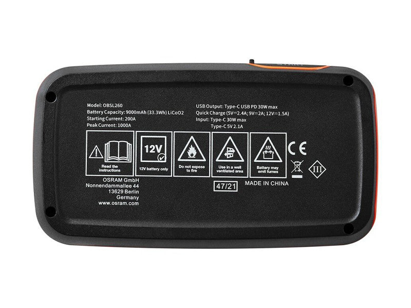 Baterie externa Osram BATTERYstart 260 Fast Charge pentru pornirea motorului, 9000mAh, 200-1000A.