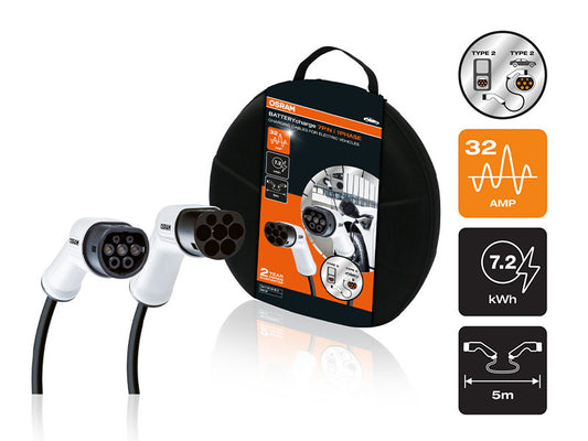 Cablu Osram pentru incarcare vehicule electrice cu 7 pini, tip 2 la tip 2, 240V, 32A, 7.2KW.