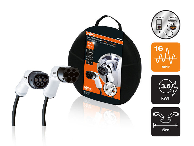 Cablu Osram pentru incarcare vehicule electrice cu 7 pini, tip 2 la tip 2, 240V, 16A, 3.6KW.