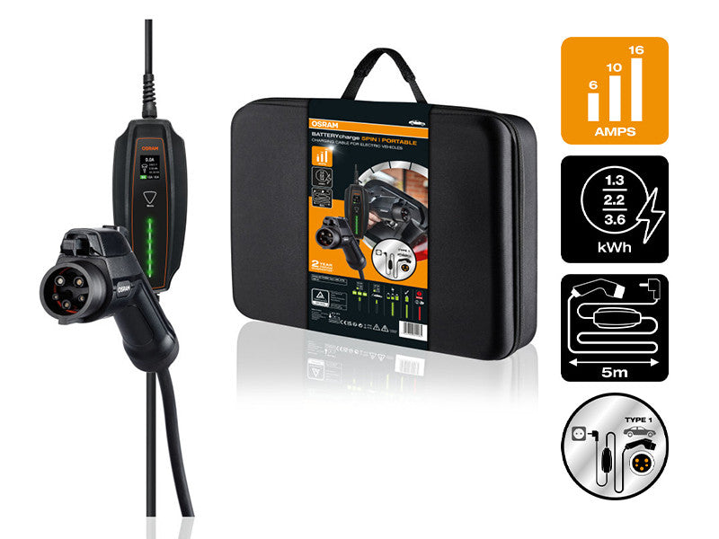 Statie de incarcare portabila Osram BATTERYcharge cu 5 pini tip 1 pentru vehicule electrice si hibride plug-in, pana la 3.6W, pana la 16A, 240V.