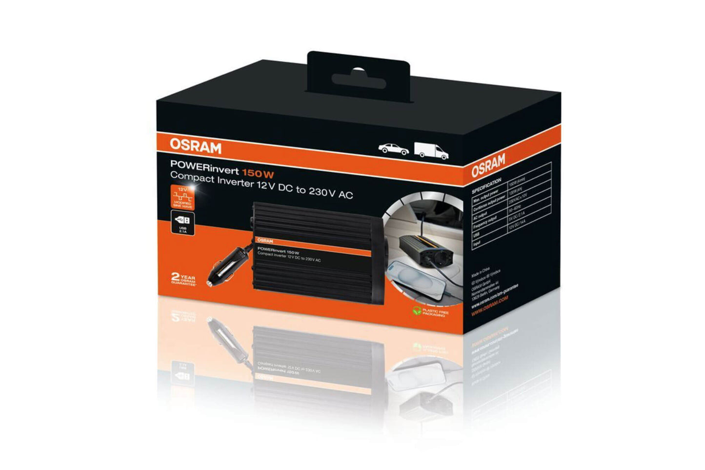 Invertor monofazat Osram POWERinvert 150 12V DC la 230V AC, 150W, 2.1A USB, cu o priza