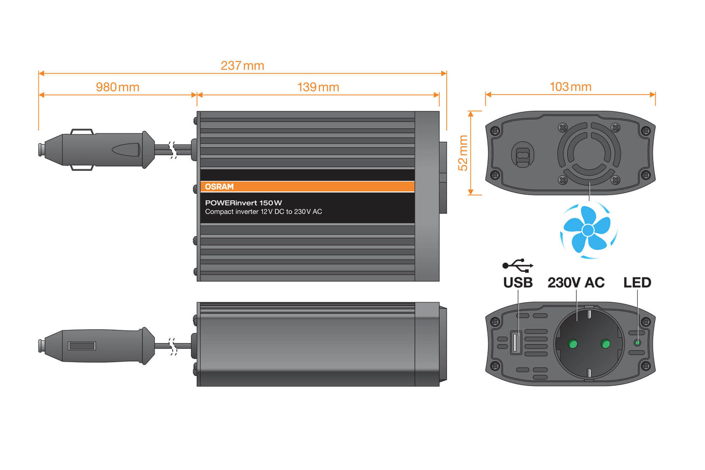 Invertor monofazat Osram POWERinvert 150 12V DC la 230V AC, 150W, 2.1A USB, cu o priza