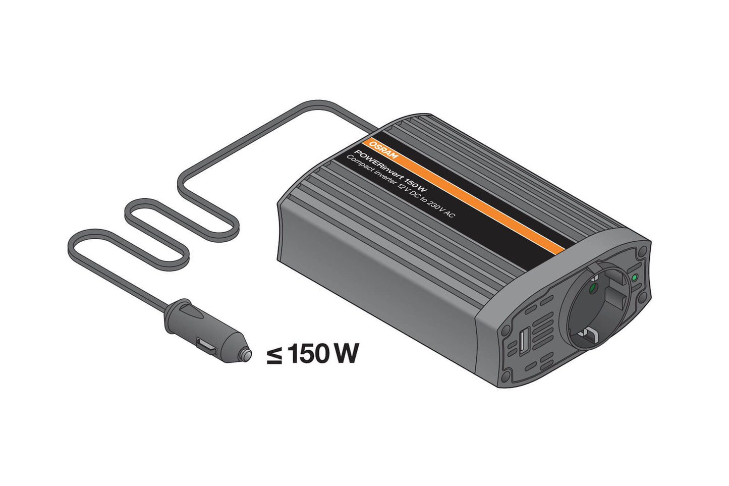 Invertor monofazat Osram POWERinvert 150 12V DC la 230V AC, 150W, 2.1A USB, cu o priza