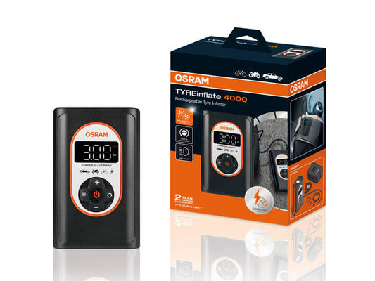Compresor anvelope Osram TYREinflate 4000, 8.3 bar, 12V DC, 90dB, cu baterie incorporata de 5000mAh.