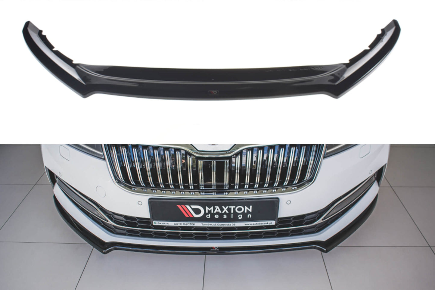 Spoiler Maxton Design version 1 for Skoda Superb front bumper from 2019, glossy black