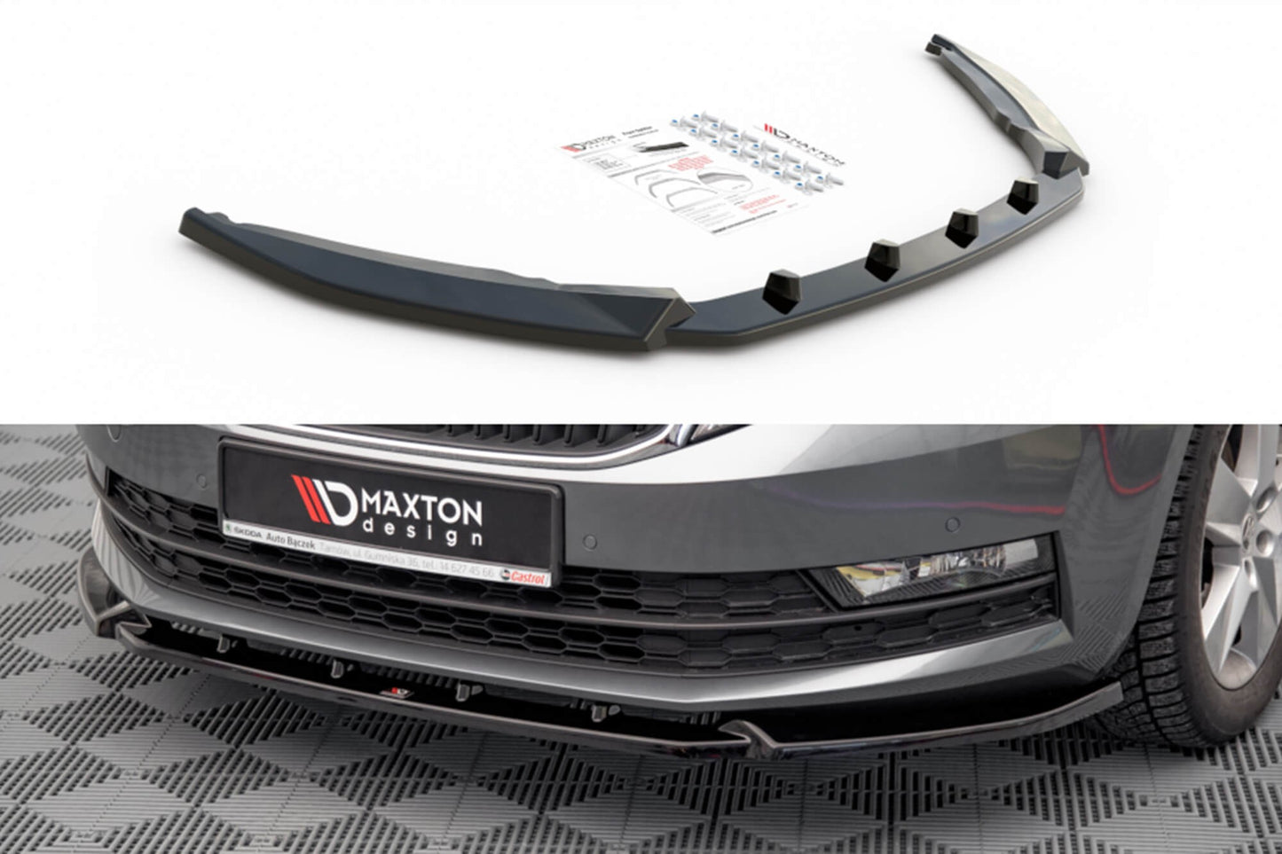 Maxton Design Front Splitter, V.2, for Skoda Octavia Standard Front Bumper (2016-2020), Gloss Black (Copy)