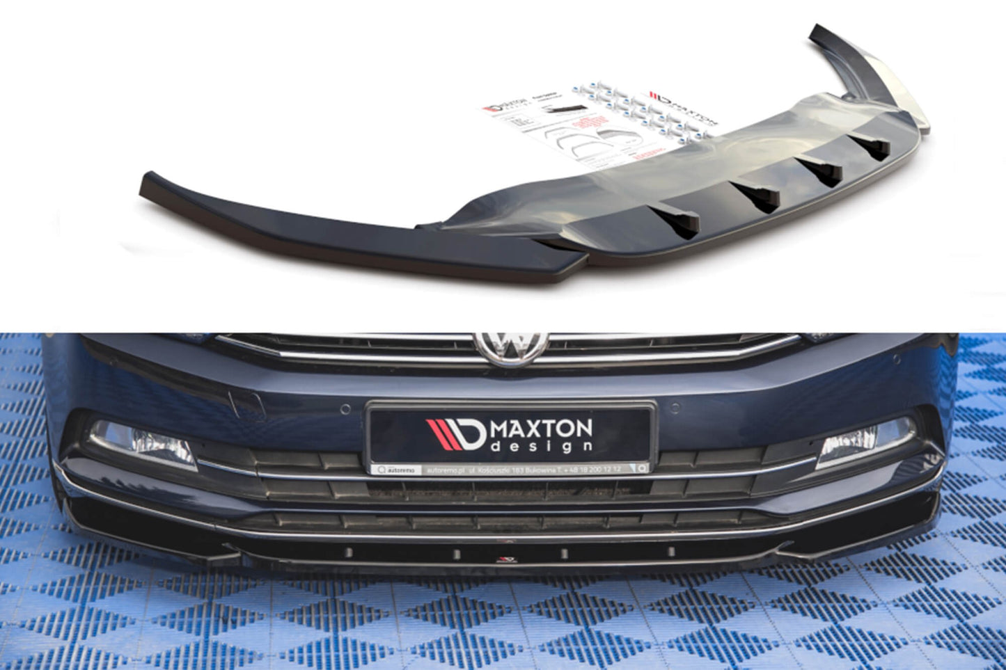 Spoiler Maxton Design versiunea 1 pentru bara fata standard a VW Passat B8 (dupa 2014), lac negru