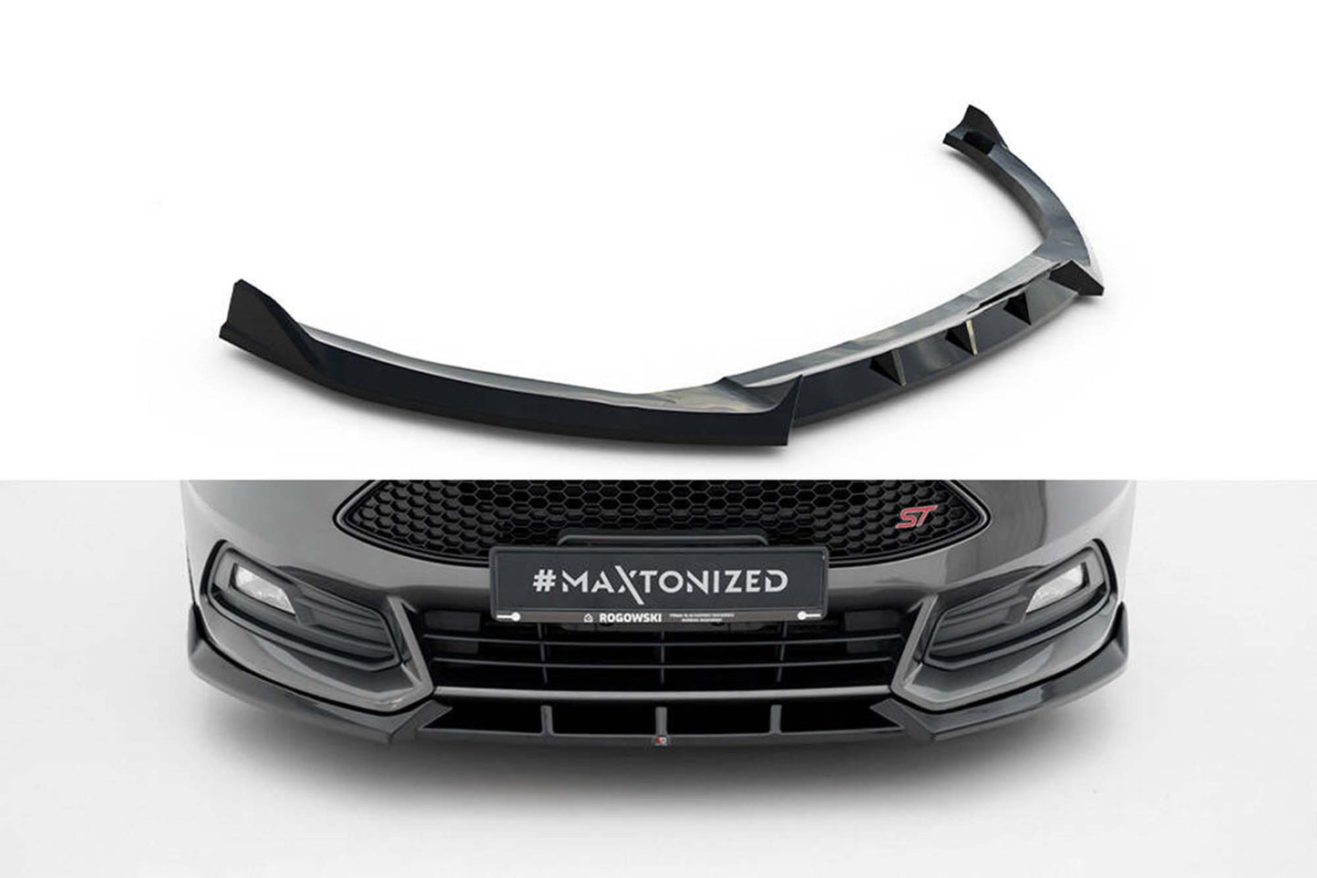 Splitter Maxton Design versiunea 6 pentru bara fata ST a Ford Focus (2015-2018), negru lucios