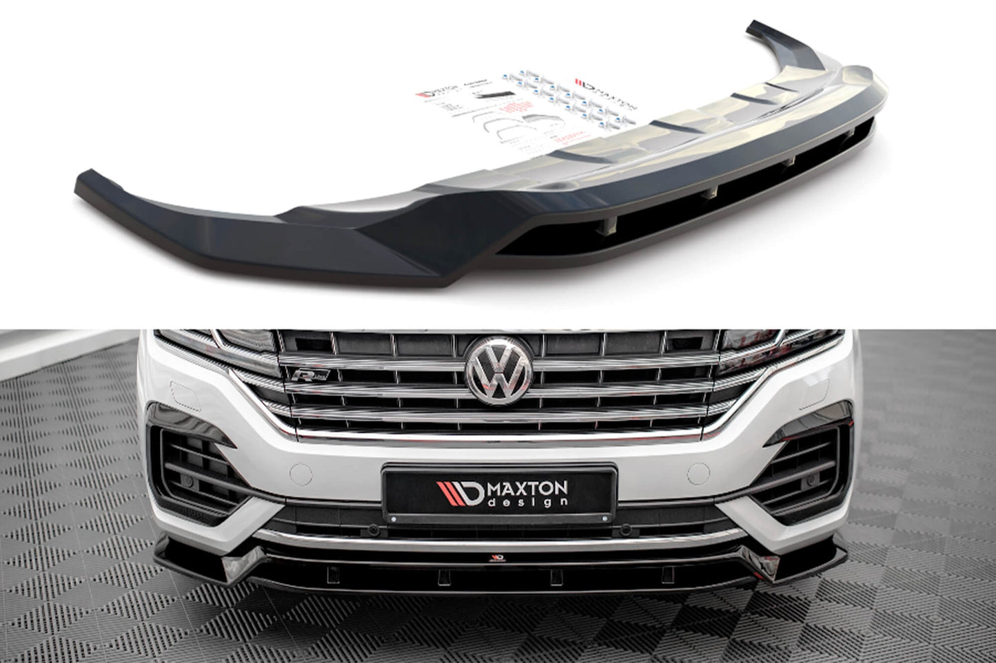 Maxton Design spoiler pentru bara fata R‑Line a VW Touareg dupa 2018, negru lacuit
