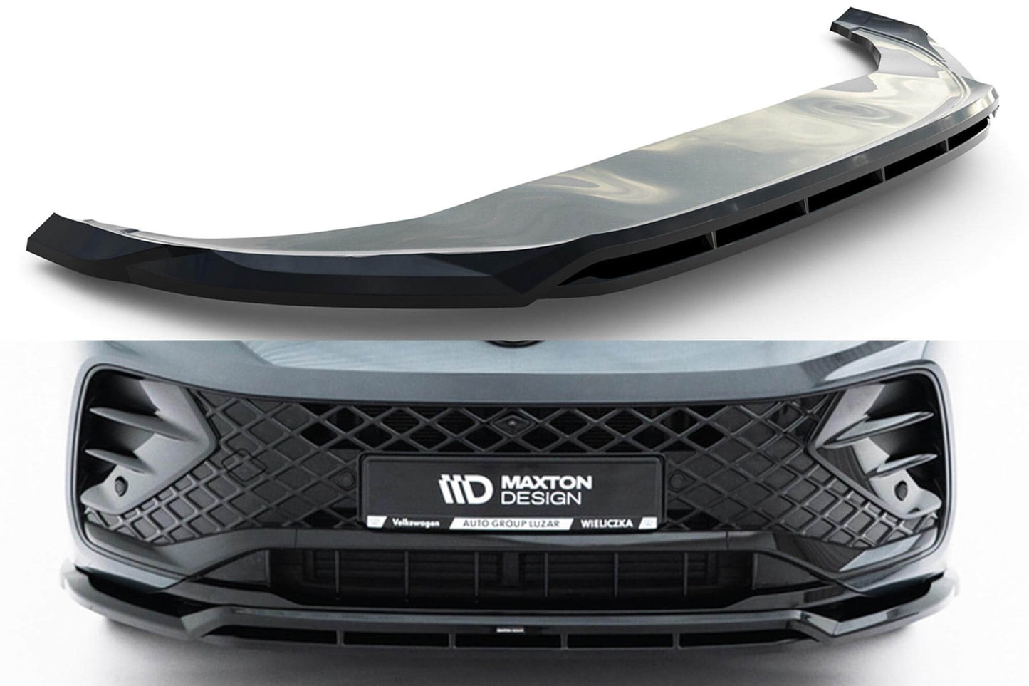 Spoiler Maxton Design versiunea 2 pentru bara fata R‑Line a VW Tiguan dupa 2024, negru lacuit