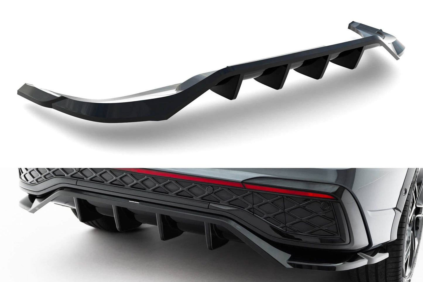 Spoiler Maxton Design pentru bara spate R Line a Volkswagen Tiguan dupa 2024, negru lacuit, spoilerul este compatibil si cu modelul cu bara de remorcare