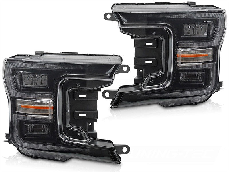 Set faruri LED tuning pentru Ford F150 (2017-2020) cu baza neagra, pentru modelul cu lumini DRL din fabrica, cu semnalizari dinamice, stanga si dreapta