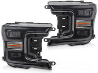 Set faruri LED tuning pentru Ford F150 (2017-2020) cu baza neagra, pentru modelul cu lumini DRL din fabrica, cu semnalizari dinamice, stanga si dreapta